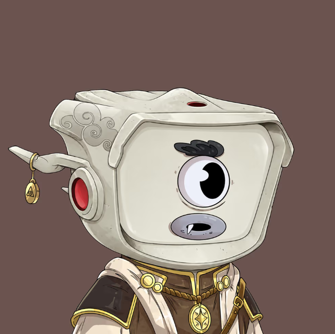 An anime-style illustration of a robot character with a single large eye, wearing a small white wing accessory and a brown and white uniform with gold accents.