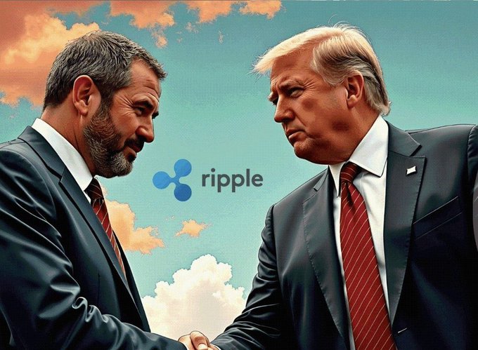 Two men in suits stand face-to-face beneath a cloudy sky, with the Ripple (XRP) logo prominently shown between them, visually representing the anticipated White House meeting with crypto industry executives, including Ripple leadership, scheduled for Wednesday, August 19.