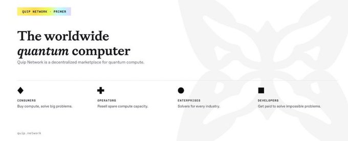 A minimalist landing page for 'QUIP NETWORK' promoting it as 'The worldwide quantum computer' — a decentralized marketplace for quantum compute targeting consumers, operators, enterprises, and developers.