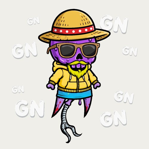 An illustration of a purple skeleton character wearing a straw hat, sunglasses, and a yellow hoodie, surrounded by the letters 'GN'.