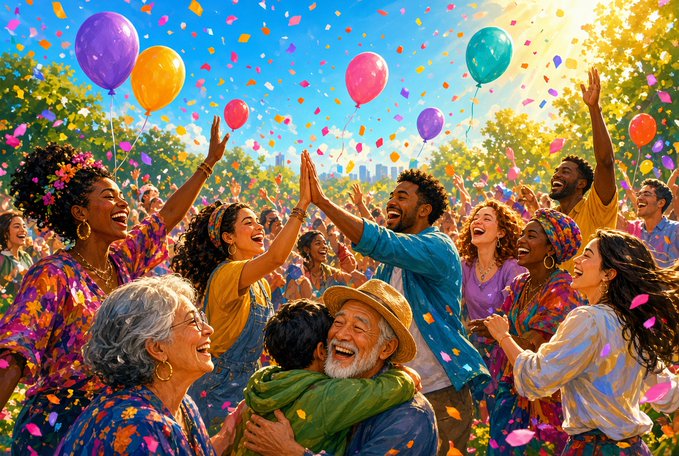 A vibrant, joyful illustration shows a diverse crowd celebrating together outdoors with colorful balloons and confetti, as people high-five, hug, and laugh in the sunshine—visually echoing the post's message that genuine connection, recognition, and simple greetings like "Hello" create meaningful human support.