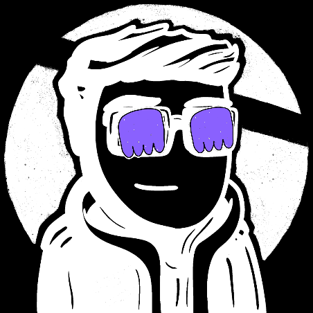A black and white illustrated avatar of a person wearing a hoodie and sunglasses with purple-tinted lenses in a circular frame.