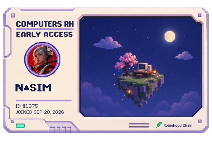 A digital early access card for 'COMPUTERS RH EARLY ACCESS' featuring pixel art of a floating island with a cherry blossom tree and computer, with the username 'N▲SIM' and 'Robinhub Chain' branding.