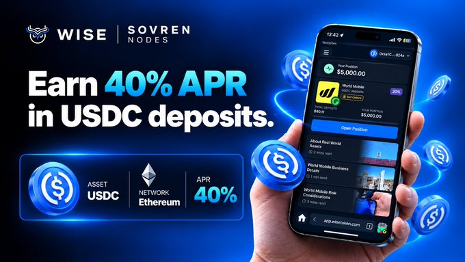 A hand holds a smartphone displaying the Sovren Nodes app interface with a $5,000 USDC portfolio position, alongside bold promotional text advertising "Earn 40% APR in USDC deposits" through a partnership between Wise and Sovren Nodes on the Ethereum network at 40% APR. The image visually reinforces the post's tutorial by showing the mobile platform where users can connect their Web3 wallets to start earning yield on their stablecoin deposits.