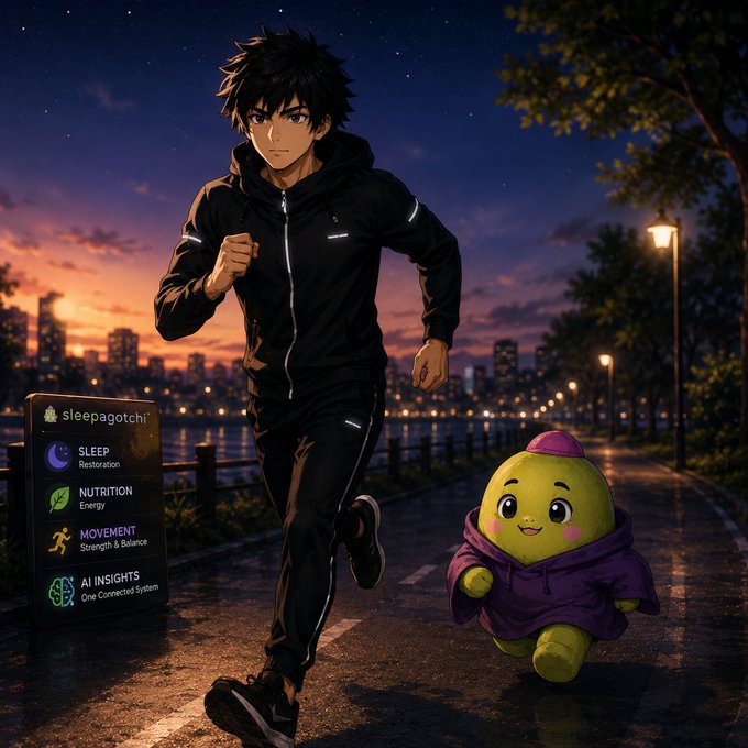 An anime-style illustration shows a young man in black athletic wear running alongside a small green character in a purple hoodie along a waterfront path at dusk, with an overlay labeled 'sleepagotchi' listing 'SLEEP Restoration', 'NUTRITION Energy', 'MOVEMENT Strength & Balance', and 'AI INSIGHTS One Connected System'.