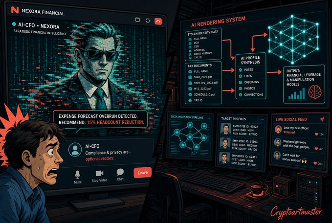 A cyberpunk-style digital illustration by "Cryptoartmaster" showing a "NEXORA FINANCIAL" interface with an "AI-CFO" suggesting "15% HEADCOUNT REDUCTION" while a stressed man watches, alongside an "AI RENDERING SYSTEM" displaying stolen identity data.