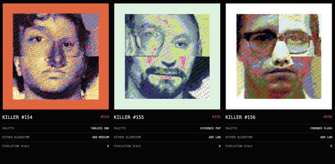 Three pixelated portrait artworks are displayed with labels 'KILLER #154', 'KILLER #155', and 'KILLER #156', each with metadata below including 'PIXELATION SCALE 6' and 'OTHER ALGORITHM'.