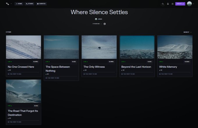 A screenshot of a dark-themed music streaming website titled 'Where Silence Settles', displaying album thumbnails with titles like 'No One Crossed Here', 'The Space Between Nothing', and 'White Memory'.