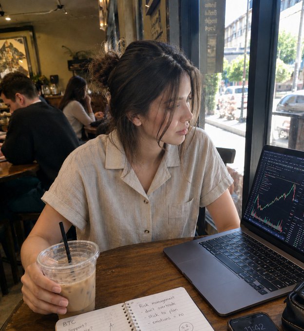 A young woman sits in a café, intensely focused on a laptop displaying a stock chart alongside her notebook filled with handwritten notes about "Risk management" and "BTC," as she sips an iced coffee—visually embodying how Gen Z is engaging more thoughtfully with investing.