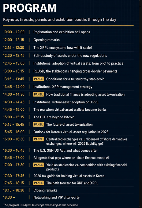 A 'PROGRAM' schedule lists keynote, fireside, panels and exhibition booths, featuring topics like 'The XRPL ecosystem', 'RLUSD, the stablecoin', 'Centralized exchanges vs. unlicensed offshore derivatives exchanges', and 'The path forward for XRP and XRPL' from 10:00 to 18:30.