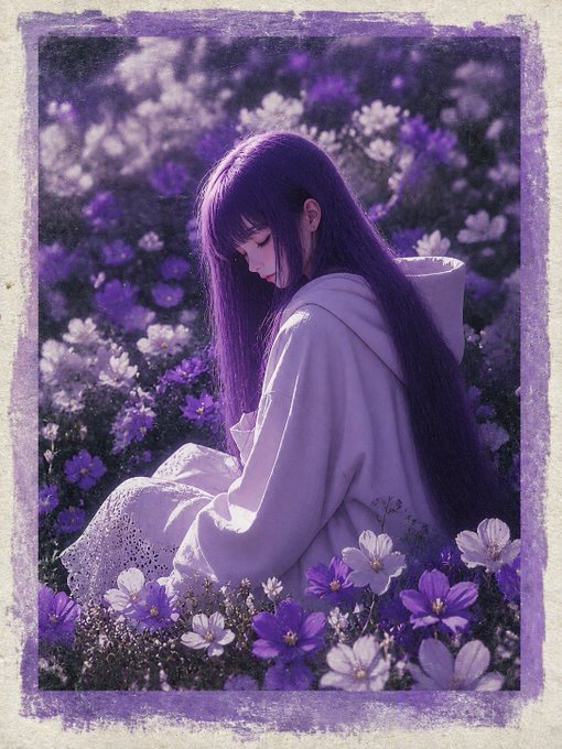An anime-style illustration of a girl with long dark hair in a white hoodie sitting in a field of purple flowers, framed with a distressed purple border.
