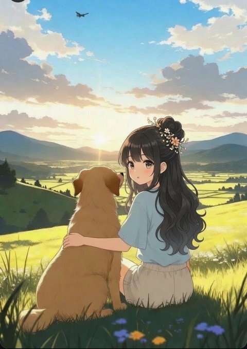 The image features a girl sitting next to her dog, both of them enjoying each other's company outdoors. The scene takes place in a field or meadow with grass and flowers, creating a peaceful atmosphere. The girl appears to be looking at something above them, possibly a bird flying by.