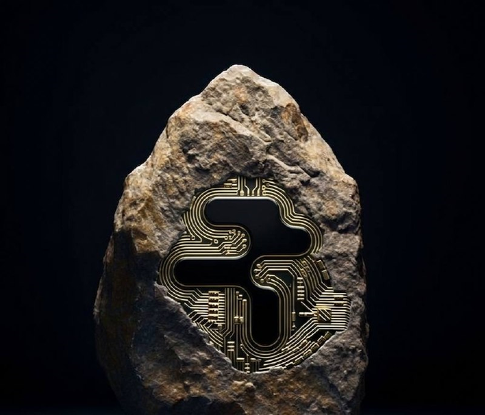 A photograph of a rough, grey stone with a glowing golden circuit board design carved into its surface in the shape of a stylized symbol.