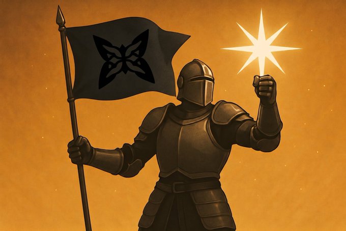 An illustration of an armored knight holding a black flag with a butterfly-like emblem in one hand and raising a glowing star in the other, set against an orange background.