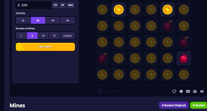 A screenshot of the Roobet "Mines" game shows a 5x5 grid with a $0.01 bet, 3 mines selected, and a $2x max multiplier, illustrating the casual gameplay that helped generate over $200 in small, steady wins.