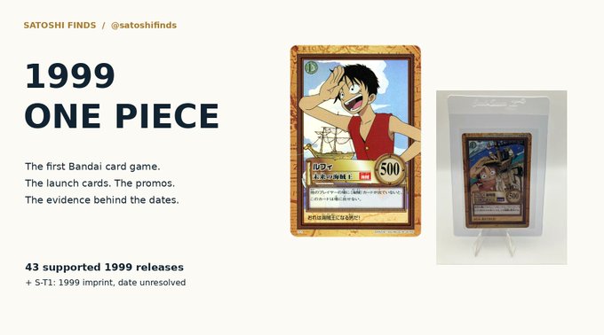 A 'Satoshi Finds' article page titled '1999 ONE PIECE' showcasing the first Bandai One Piece card game, highlighting 43 supported 1999 releases with images of a Luffy promo card and a Monkey D. Luffy card.