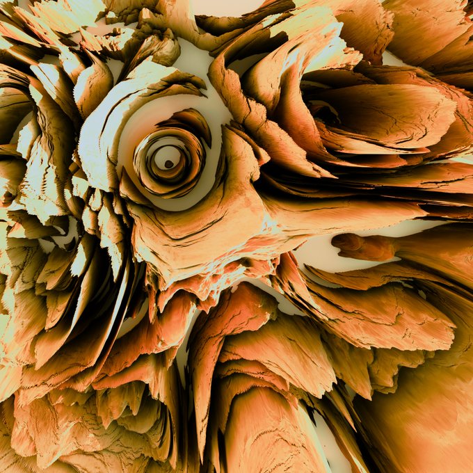 A close-up, abstract image of layered, earthy-toned petals or organic material forming a spiraling, rose-like pattern.
