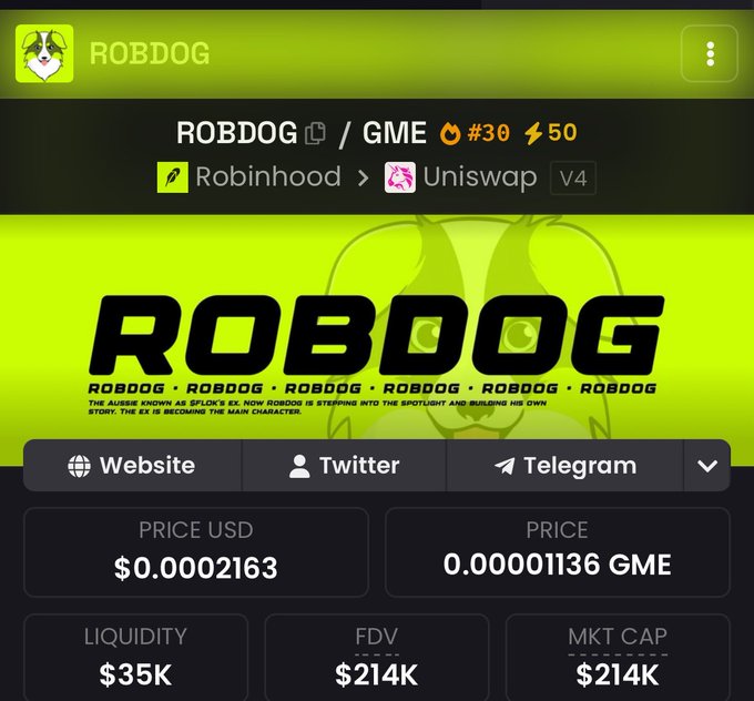 A mobile app screenshot displaying the ROBDOG token profile with a price of $0.0002163 and a market cap of $214K, available on Robinhood and Uniswap V4.