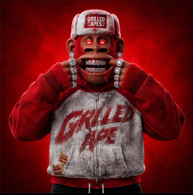 3D rendering of a fierce gorilla character wearing a red and white 'GRILLED APES' hoodie and fur hat, displaying diamond-studded grills and rings against a red background.