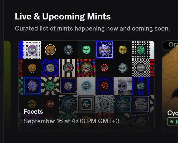 A digital interface showing 'Live & Upcoming Mints' with a 'Curated list of mints happening now and coming soon' header, featuring a collection of NFT avatars called 'Facets' scheduled for September 16 at 4:00 PM GMT+3.