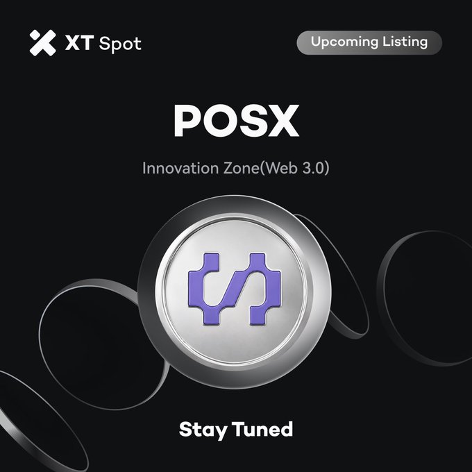 Promotional graphic from XT Spot announcing the upcoming listing of $POSX in the Innovation Zone (Web 3.0), featuring a silver coin with the purple POSX logo and a "Stay Tuned" message.