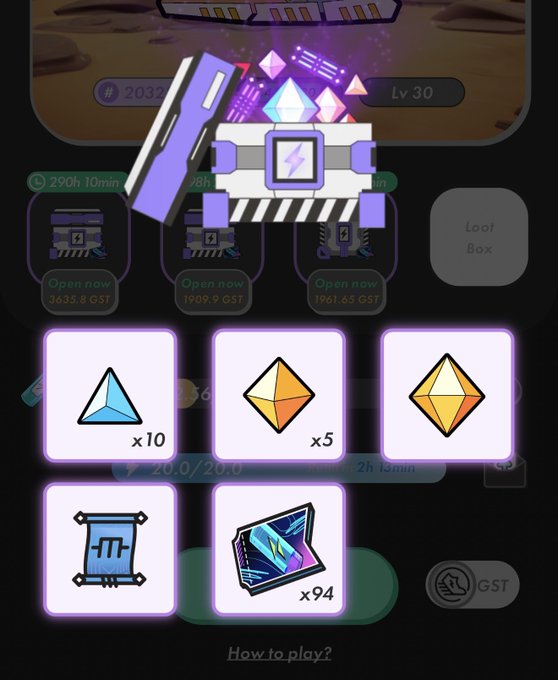 A mobile game screen displaying a treasure chest loot box opening interface with gem and card rewards in quantities of x10, x5, x94, alongside GST currency options.