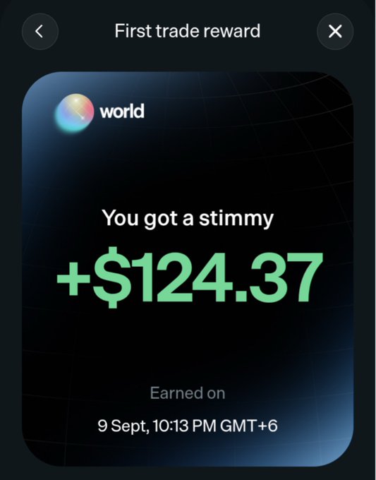 A mobile app notification titled "First trade reward" shows a user received a "stimmy" of "+$124.37" on Worldcoin's World app, earned on 9 Sept.