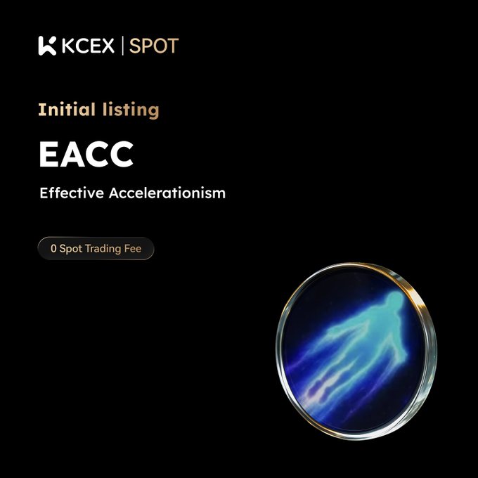 Promotional graphic for KCEX SPOT announcing the initial listing of EACC (Effective Accelerationism) with 0 Spot Trading Fee.