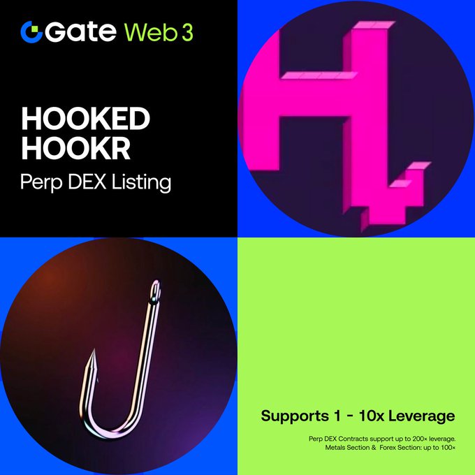 A Gate Web 3 promotional graphic announcing 'HOOKED HOOKR Perp DEX Listing' that supports 1-10x leverage, featuring a stylized pink 'H' logo and a chrome fishing hook.