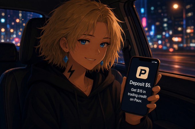 Anime-style illustration of a blonde woman with a lightning bolt tattoo holding a phone that reads 'Deposit $5, Get $15 in trading credit on Pauv.'