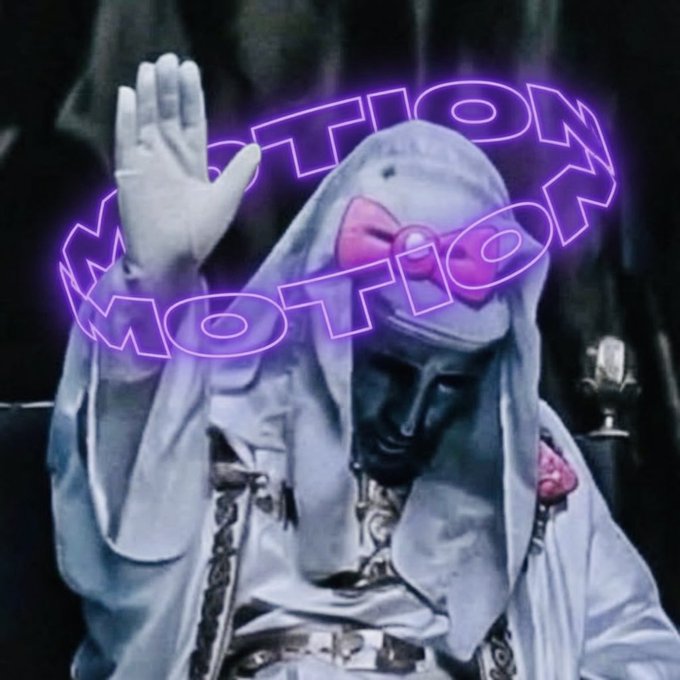 A dark, masked figure wearing a white hooded outfit and gloves raises one hand, with a purple neon 'MOTION MOTION' sign glowing in the background.