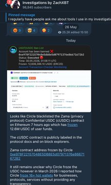 The image depicts a post on Twitter from a user named @zachxbt. The user is inquiring about a particular tool or service, possibly related to Bitcoin mining. They have attached a screenshot of an open webpage displaying information about this tool or service. Additionally, the post includes a link to another page that reads: "Look like Circle blinded by the Zama 交易报告. Circle 主人 @zama ... Bitcoin mining". The post also mentions @zama's address and how they have been blocked from accessing their own Bitcoin mining account.