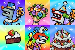 A grid of six colorful pixel art images featuring various pixel-style foods including sushi, a flower bouquet, a sandwich, a cupcake, a character on toast, and a layered dessert.