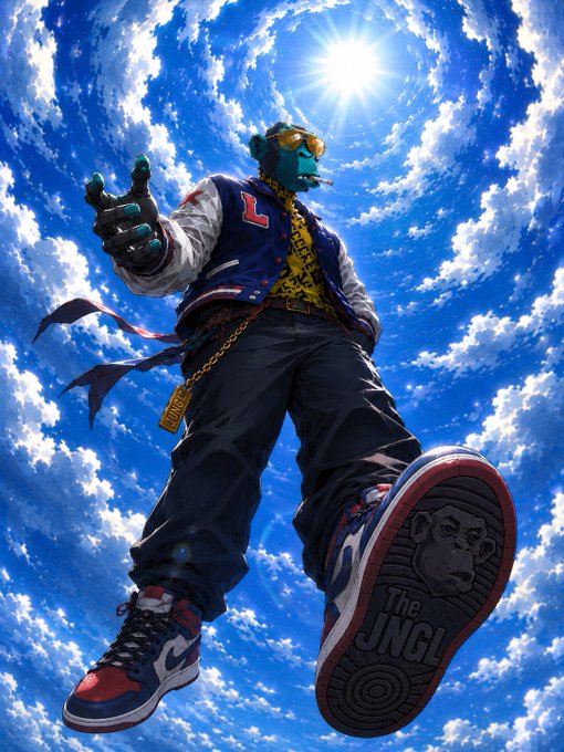 Low-angle digital art of a humanoid character with teal skin, yellow sunglasses, and a blue letterman jacket standing against a bright blue sky, with 'The JINGLE' written on the sole of one of their sneakers.