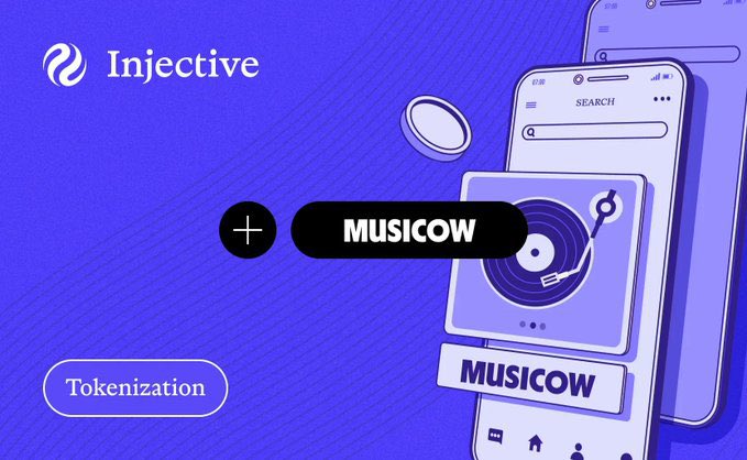 The image features an advertisement for Musicow, a company that specializes in music streaming services. The background of the image is blue with white text, which reads "Injective Musicow + Musicow + Musicow + Musicow". This suggests that Musicow has been acquired by another company and is now being marketed as a music streaming service. The post also mentions that Musicow was created in 2013 and has already shown its potential to investors.