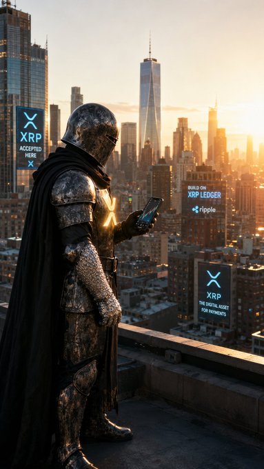 The image features a man dressed as a medieval knight standing on top of a building, holding a cell phone with an XRP logo displayed on it. The setting appears to be a cityscape at sunset, creating a unique atmosphere for this scene. The text in the image suggests that the man is using his cell phone to check out cryptocurrency news or updates related to Bitcoin and Ripple. This could indicate that he is interested in the world of digital currency and its impact on society.