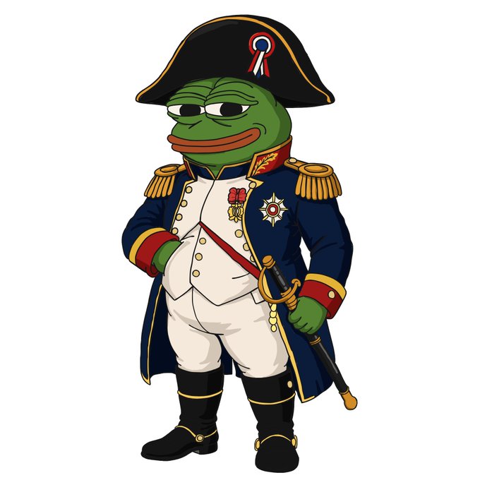 An illustration of Pepe the Frog dressed as Napoleon Bonaparte, wearing a black bicorne hat with a tricolor cockade, a dark blue military coat with gold epaulettes, and holding a sword.
