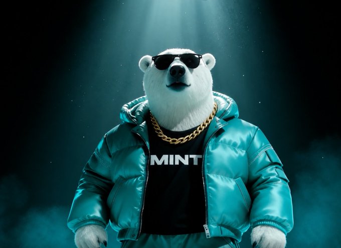 An anthropomorphic polar bear wearing dark sunglasses, a gold chain, a black shirt with 'MINT' printed on it, and a teal puffer jacket, standing against a dramatic dark background with light shining down.