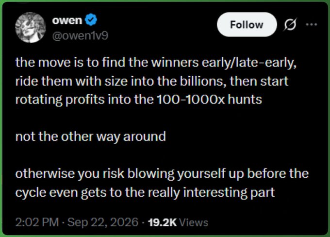 A screenshot of a tweet from user @owen1v9 about crypto trading strategy, advising to find winners early and ride them into the billions.