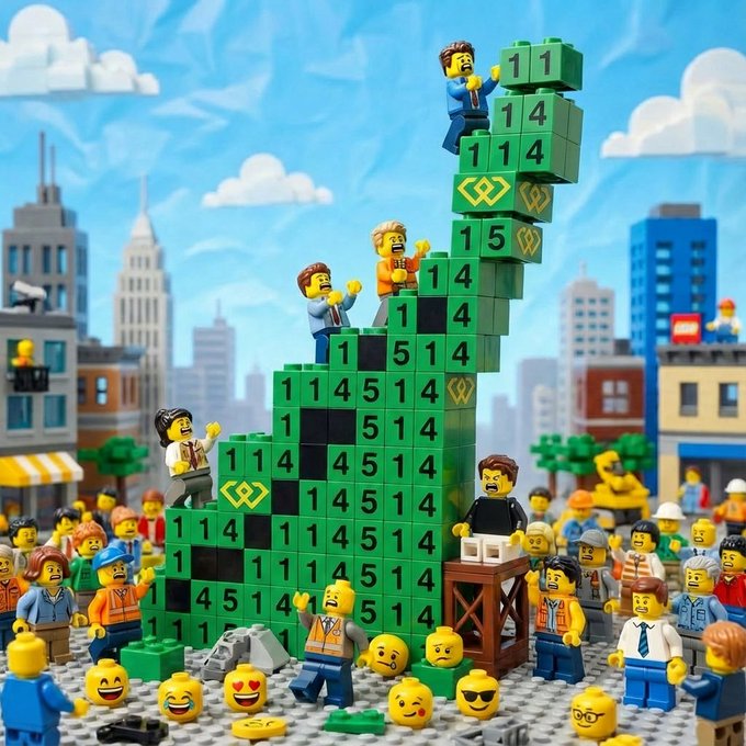 A LEGO cityscape scene features various minifigures constructing a towering green block pyramid, with numbered blocks displaying "11," "14," "15," and "114" stacked toward the peak. The image humorously illustrates the post's theme of visible signs or signals rising above the crowd.