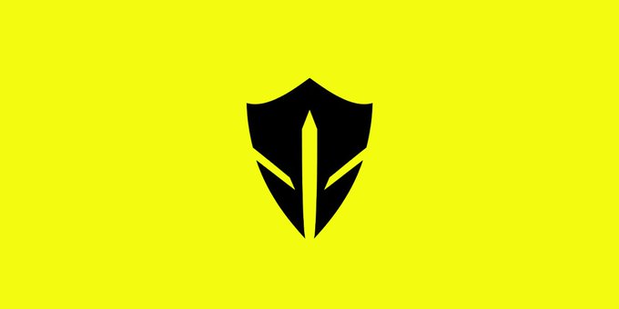 A black shield logo with a sword design in the center, displayed on a bright yellow background.