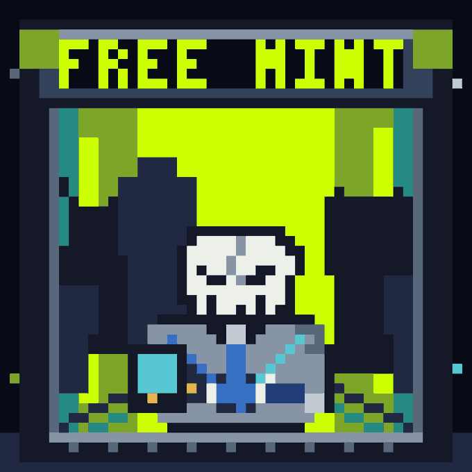 A pixel art graphic labeled 'FREE MINT' showing a white skeleton character in a suit and tie against a neon green and dark cityscape background.