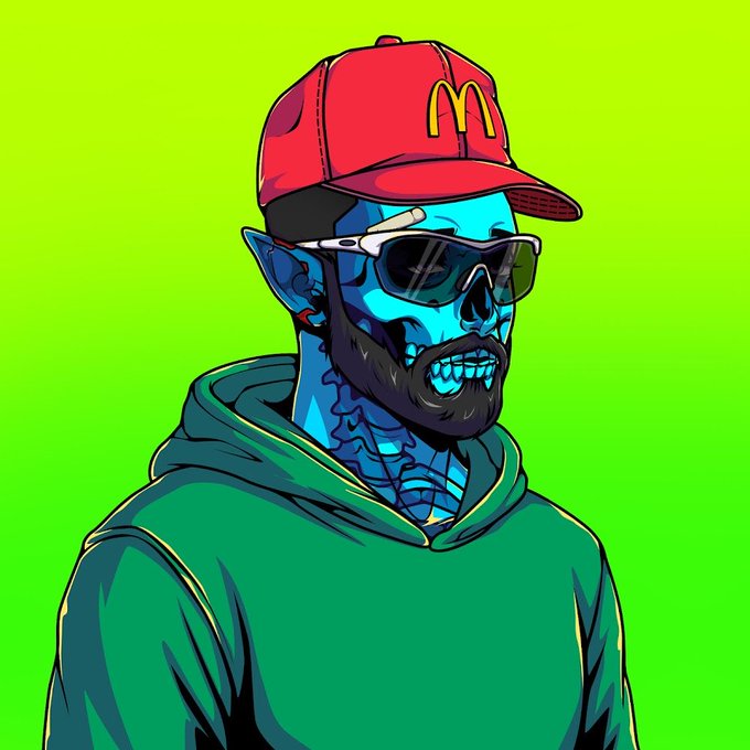 A cartoon-style illustration of a blue-skinned bearded character wearing a green hoodie, sunglasses, and a red McDonald's cap against a bright green background.