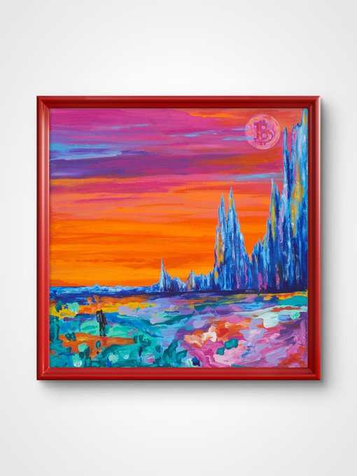 A vibrant, framed painting of a landscape with a colorful sunset, pink and orange skies, and spiky blue structures, featuring a pink Bitcoin logo in the upper right corner.