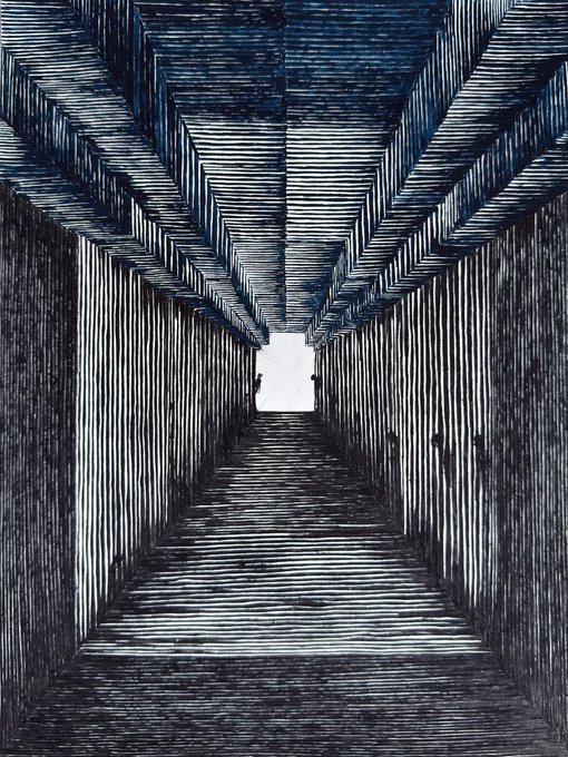 A monochromatic blue and black drawing depicts a dimly lit, symmetrical tunnel or corridor with a beamed ceiling, leading toward a small bright opening at the far end. The intricate cross-hatched linework creates an atmospheric, almost cavernous perspective that evokes a sense of mystery, fitting the contemplative tone of the generative artwork titled "7" by Tim Maxwell.