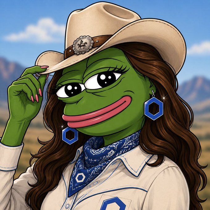 A cartoon illustration of a green Pepe the Frog character dressed as a cowgirl, wearing a cowboy hat with a concho, blue bandana, and western shirt in a desert landscape.