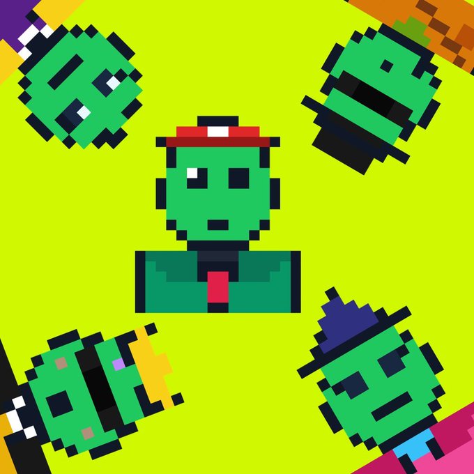 A bright green pixel-art image featuring a central green character with a red headband, surrounded by four other similar green pixel-art faces.