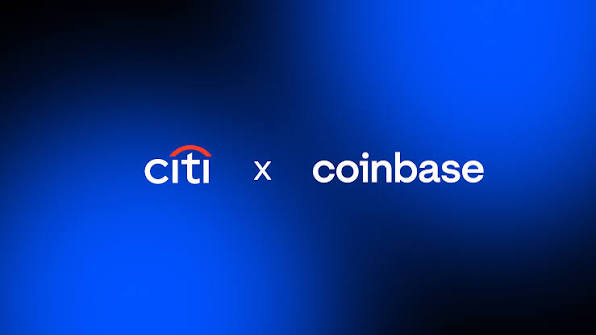 The Citi and Coinbase logos are displayed side-by-side on a blue gradient background with an "x" between them, visually representing the partnership where Citi ($C) and Coinbase ($COIN) collaborate to enable businesses to accept stablecoin payments and convert them into dollars through traditional banking channels.