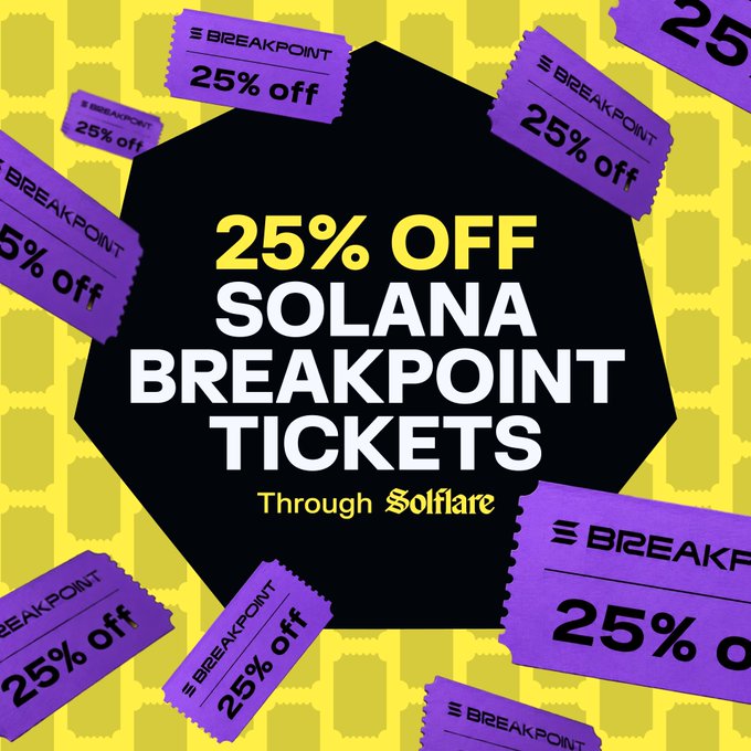 This image advertises "25% OFF SOLANA BREAKPOINT TICKETS Through Solflare", with purple tickets overlaying a yellow background, visually representing the discount. The post further clarifies this is a limited-time offer that expires August 1st, urging users to claim their discount in the Solflare app.