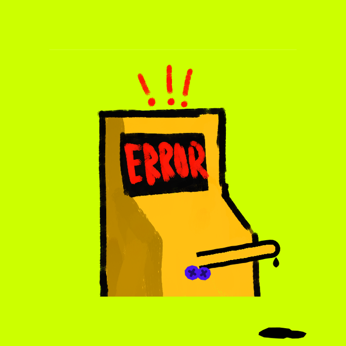 An arcade-style illustration shows a yellow cabinet with a black screen displaying "ERROR" in dripping red letters, accompanied by three red exclamation marks above it and a joystick with purple buttons below. The image visually amplifies the post's threatening warning about delisting, using the ominous "ERROR" message as a stark visual metaphor for the consequences of not complying.